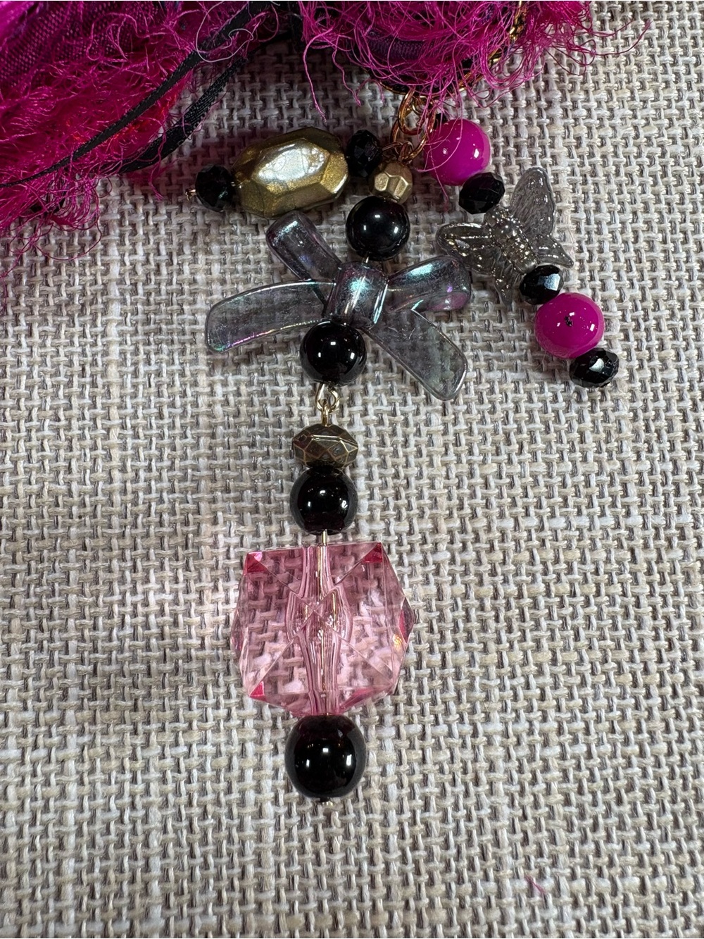Hand Crafted Fuchsia Pink Tassel Keychain/Bag Charm with Gold Accents - Picture 9 of 12